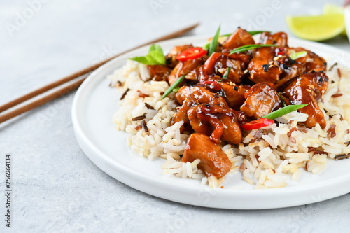 teriyaki chicken's with chili pepper and sesame seeds, with rice. on a white plate, copy space, selective focus, Asian cuisine, Chinese cuisine, food flat lay. light background, recipe background