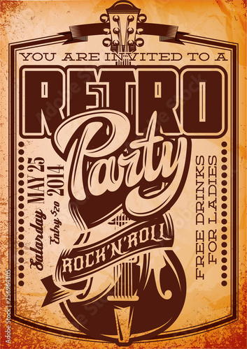 Vector Stylish Color Retro Party Template with Guitar
