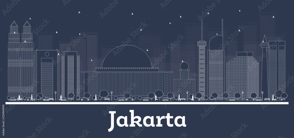 Outline Jakarta Indonesia City Skyline with White Buildings.