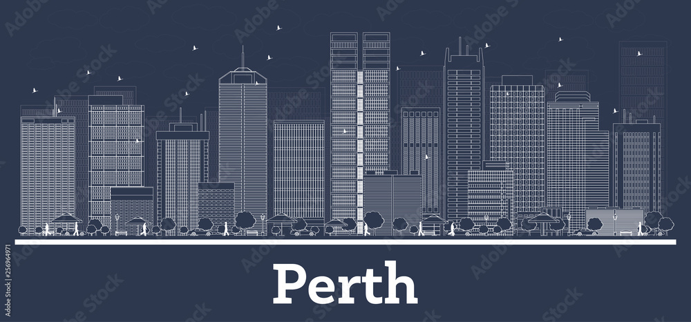 Outline Perth Australia City Skyline with White Buildings.