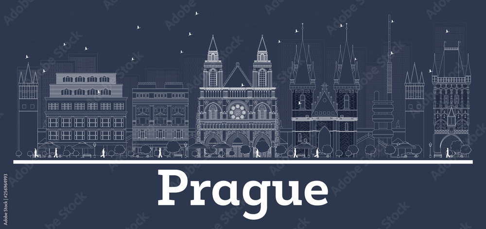 Outline Prague Czech Republic City Skyline with White Buildings.