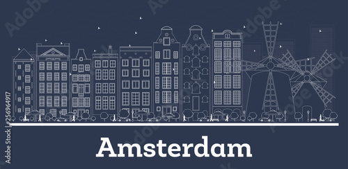 Outline Amsterdam Holland Republic City Skyline with White Buildings.