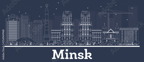 Outline Minsk Belarus City Skyline with White Buildings.