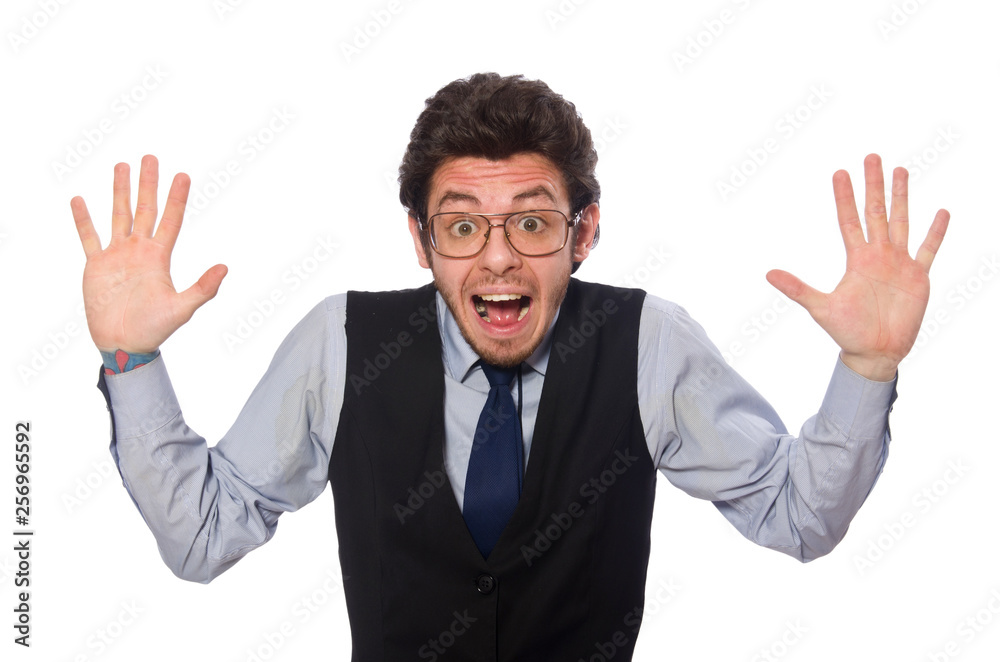 Young businessman in funny concept on white Young businessman in funny concept on white