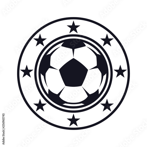Monochrome, football flat icon, soccer ball and stars. Sport games. Vector illustration, isolated on white background. Simple shape for design logo, emblem, symbol, sign, badge, label, stamp.