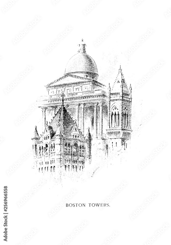 Boston city. Engraving illustration