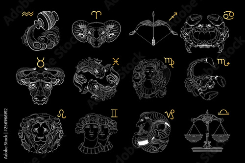 Vector set of outline zodiac signs. Vector illustration.