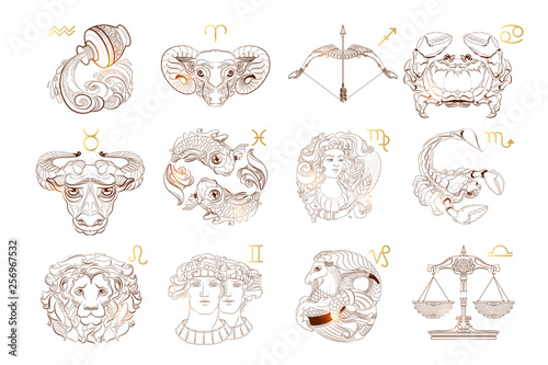 Vector set of outline zodiac signs. Vector illustration.