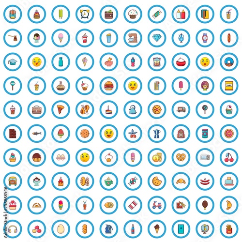 100 lunch icons set. Cartoon illustration of 100 lunch vector icons isolated on white background
