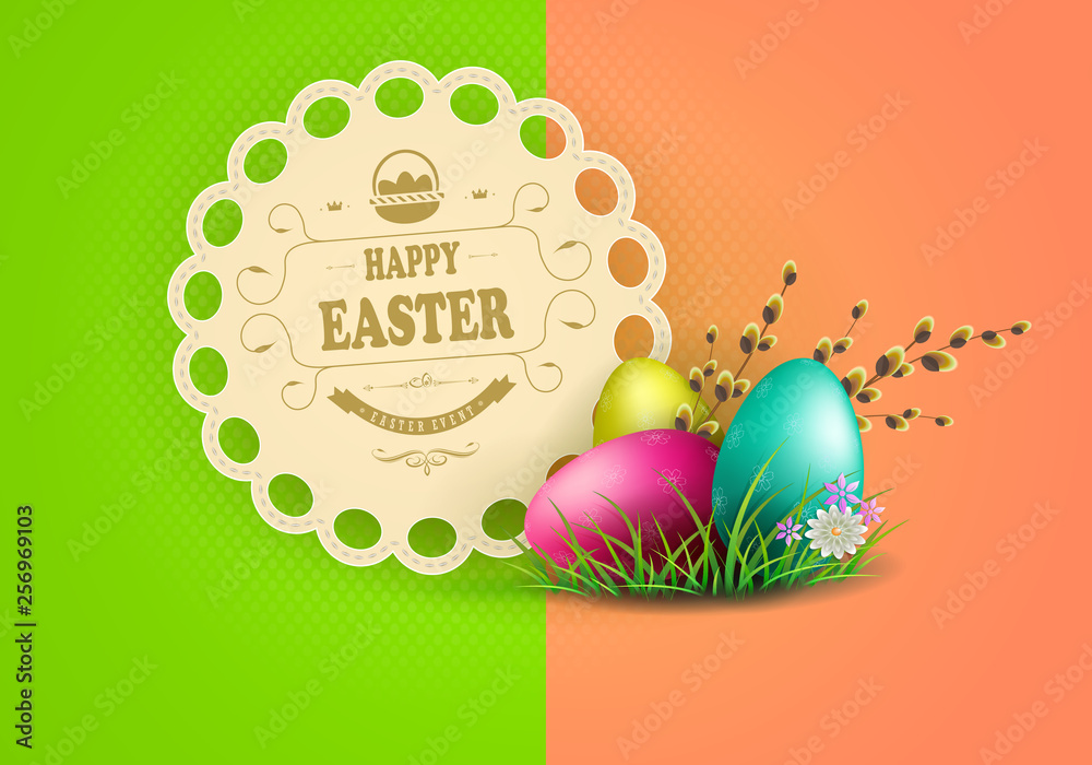 Easter multicolored composition with a round frame stitched with braid, eggs, a willow branch and text, Easter multicolored composition with a round frame stitched with braid, eggs, a willow branch and text,