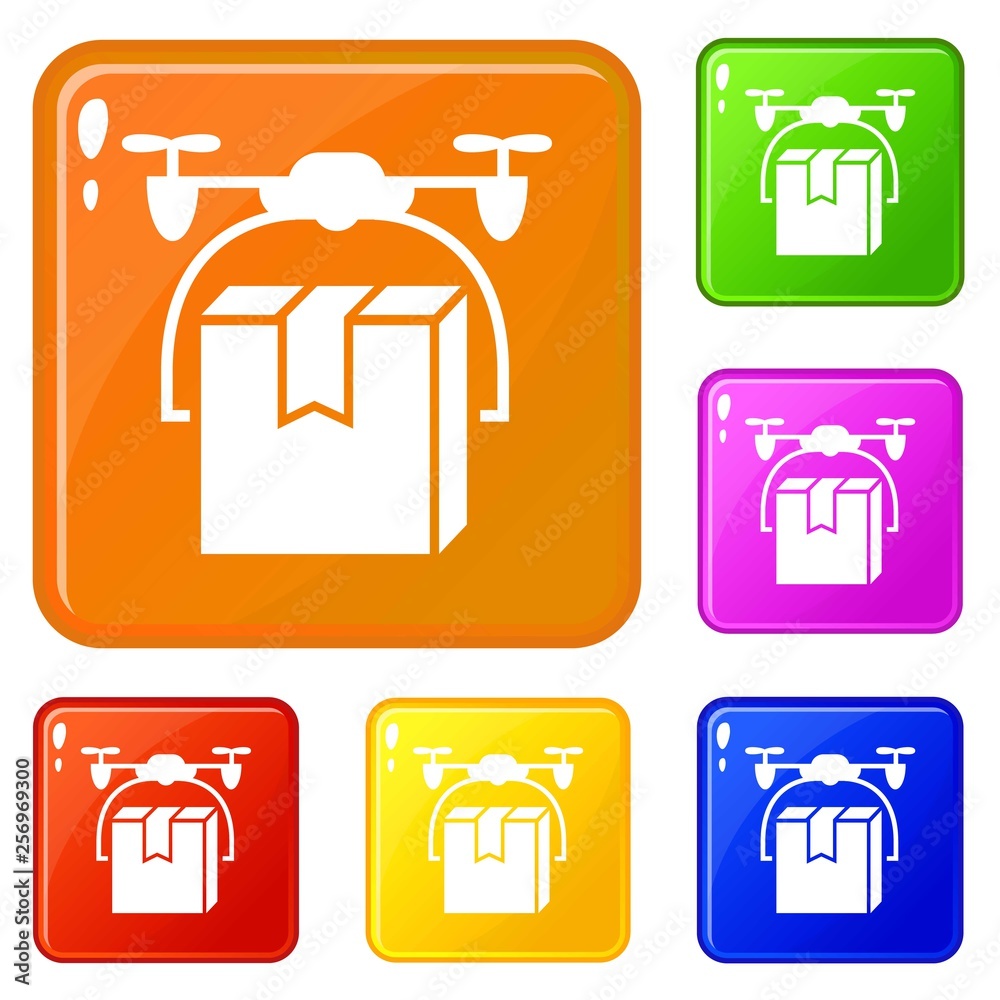 Drone box delivery icons set collection vector 6 color isolated on white background Drone box delivery icons set collection vector 6 color isolated on white background