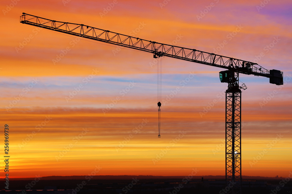 The silhouette of crane on the background of beautiful scarlet sunrise or sunset with cloudy sky colored in red, rose, scarlet, purple and blue vivid colores 