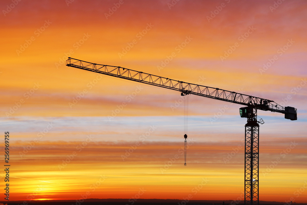 The silhouette of crane on the background of beautiful scarlet sunrise or sunset with cloudy sky colored in red, rose, scarlet, purple and blue vivid colores 