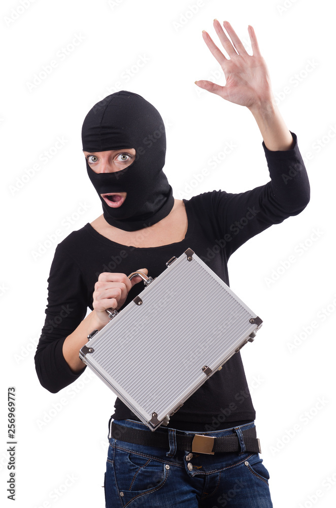 Woman wearing balaclava isolated on white Woman wearing balaclava isolated on white