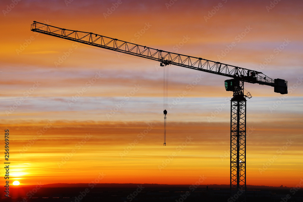 The silhouette of crane on the background of beautiful scarlet sunrise or sunset with cloudy sky colored in red, rose, scarlet, purple and blue vivid colores 