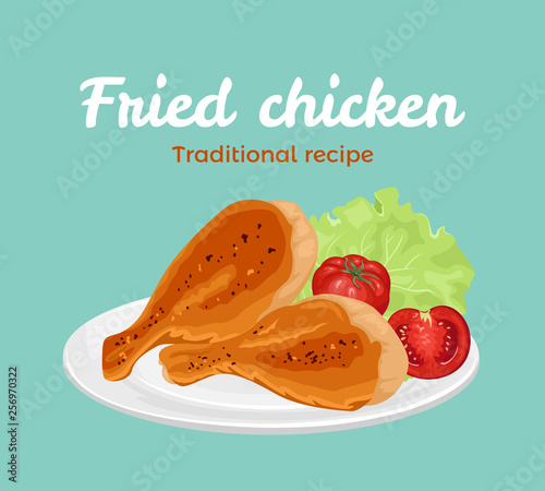 Fried chicken legs on plate. Banner with hot roasted meat, lettuce leaves and tomatoes. Vector illustration of delicious food in cartoon simple flat style.