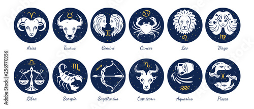 Set of zodiac signs icons. Aries, leo, gemini, taurus, scorpio, aquarius, pisces, sagittarius, libra, virgo, capricorn and cancer. Vector illustration in cartoon simple style.  photo