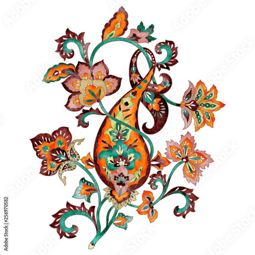 Gorgeous retro Indian paisley design  watercolor hand-painted national design elements
