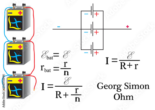 Electrical scheme of the parallel connection of the current source, physical formulas for calculating the parameters of the battery.
