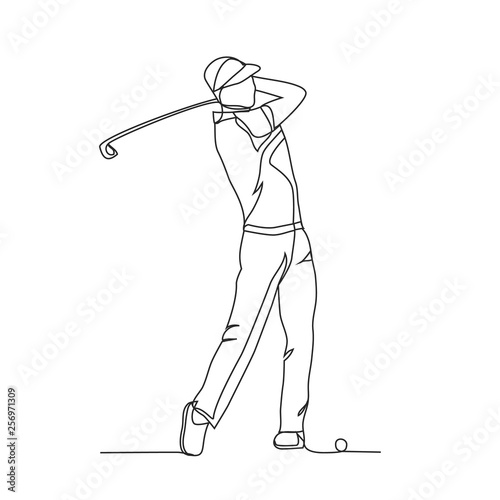 Drawing a continuous line. Golfer hit the ball