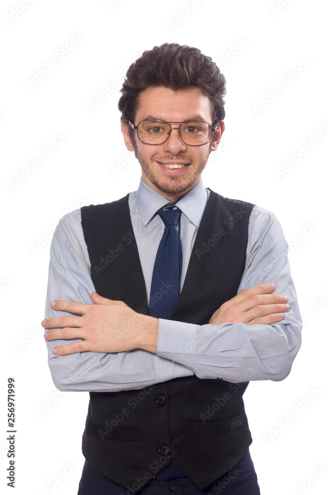Young businessman in funny concept on white