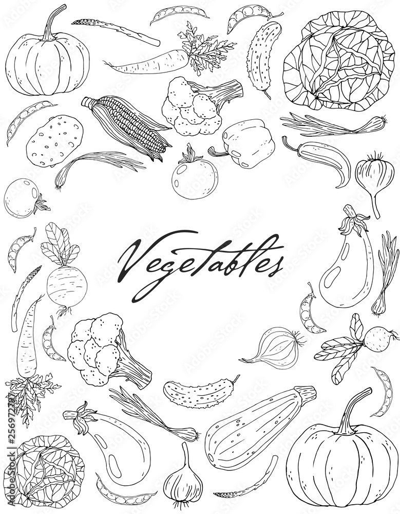 Poster with inversion heart made with hand drawn vegetables on a white background.