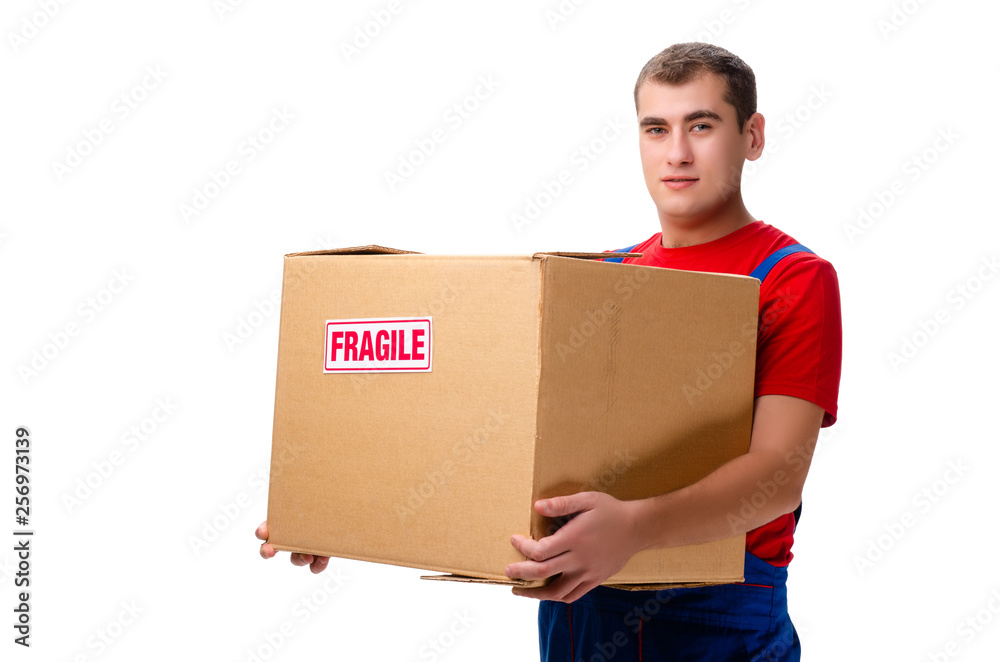 Young male courier with box isolated on white Young male courier with box isolated on white