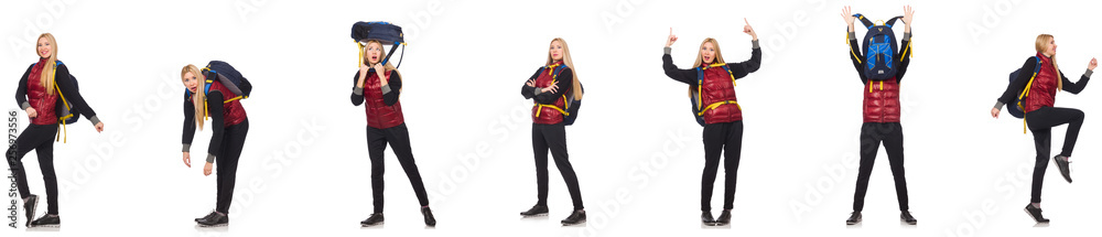 Fototapeta premium Young woman with backpack isolated on white