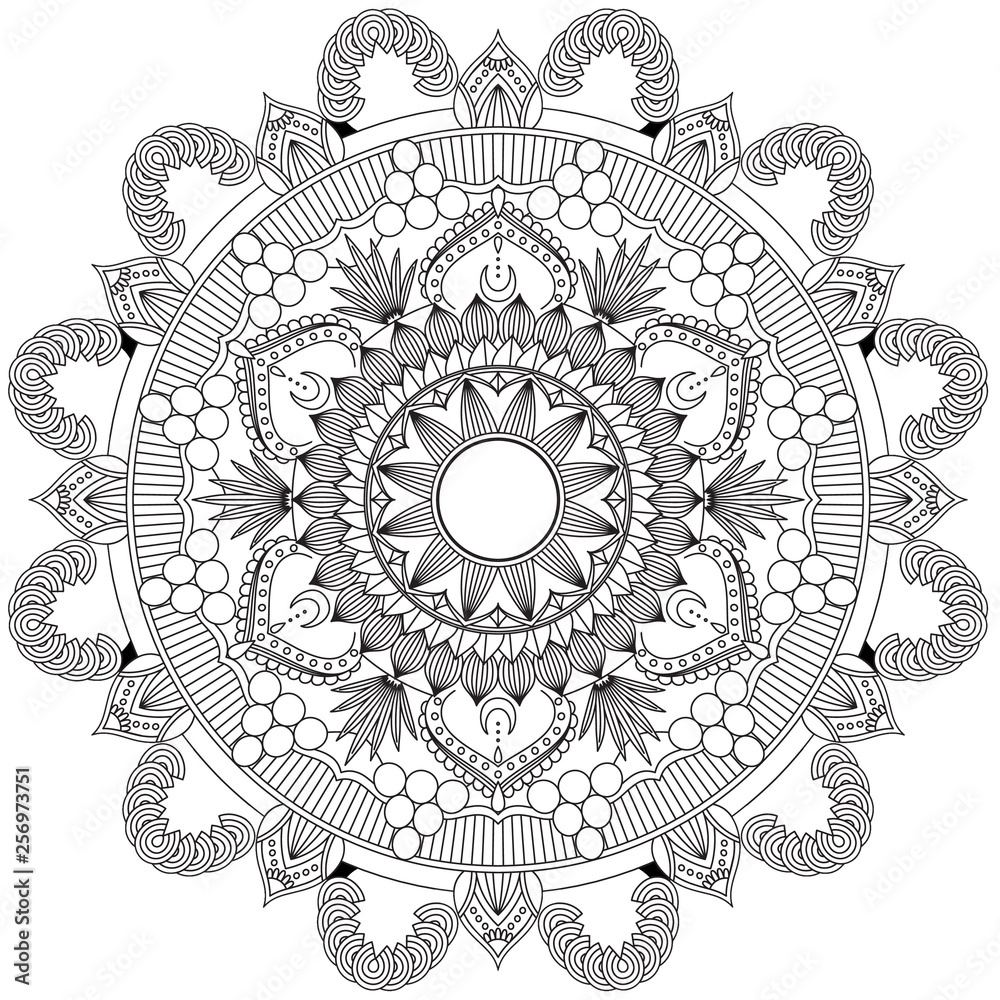 Fototapeta premium Mandala Intricate Patterns Black and White. Hand drawn abstract background. Decorative retro banner isolated. Invitation, t-shirt print, wedding card, scrapbooking. Tattoo element.