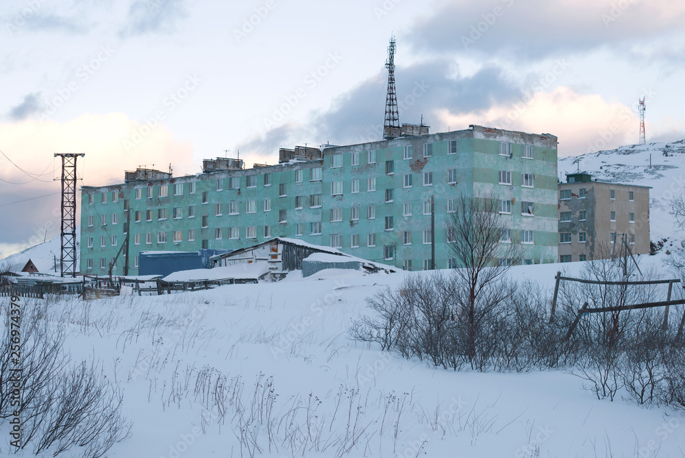 February evening in a polar village. Teriberka, Russia