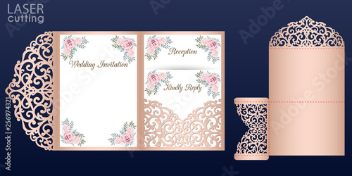 Laser cut wedding invitation card vector template. Tri fold pocket envelope. Wedding lace invitation mockup with rose flowers.