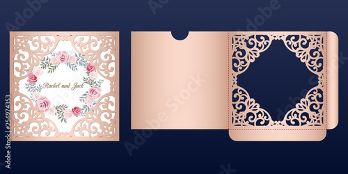 Laser cut wedding invitation card template vector. Pocket envelope with abstract ornamental frame. Open card with roses. Suitable for greeting cards, invitations, menus.