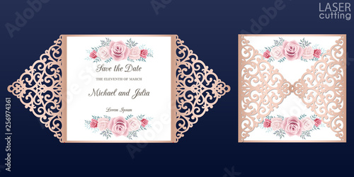 Laser cut wedding invitation card template vector. Die cut paper card with lace pattern. Cutout paper gate fold card for laser cutting or die cutting template. Wedding invitation with rose flowers.