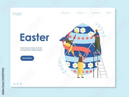 Easter landing page web site template with cartoon characters. Happy family paint easter egg. Vector illustration. Holiday celebration