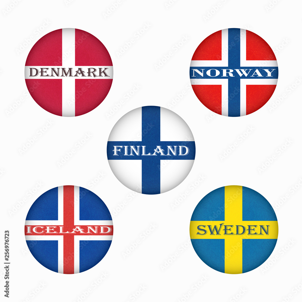 Obraz premium Flags of Scandinavia in circle shape. Scandinavian northern states. Isolated button with scratched texture, grunge. Illustration with marble textured background. Nordic countries banners icons.