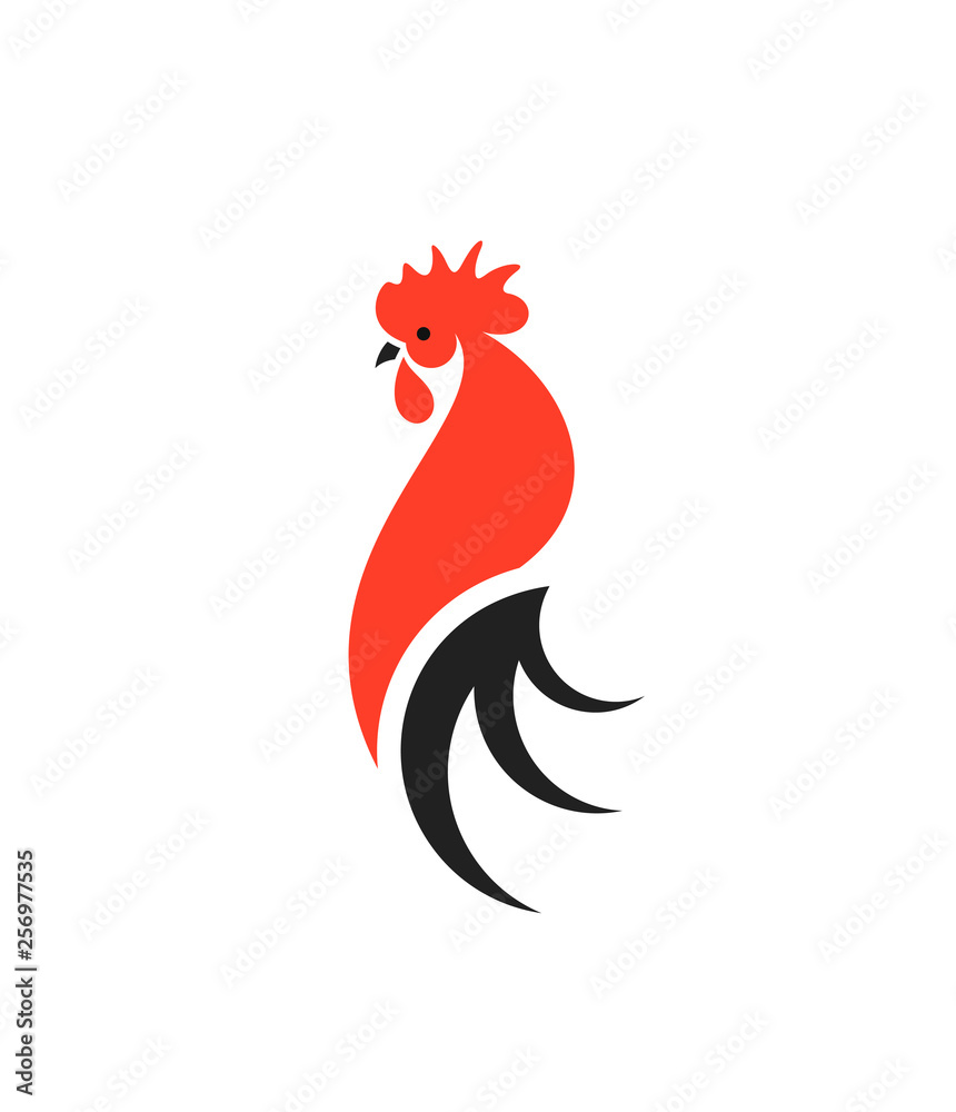 Red rooster with black tail. Logo. Isolated rooster on white background  Stock Vector