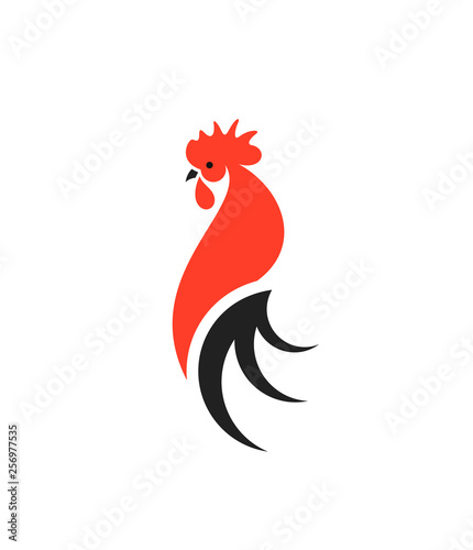 Red rooster with black tail. Logo. Isolated rooster on white background