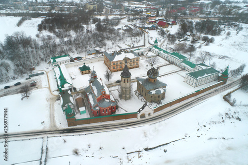 View of the Old Ladoga Nikolsky monastery in the cloudy February afternoon (aerial photographi). Old Ladoga, Russia photo