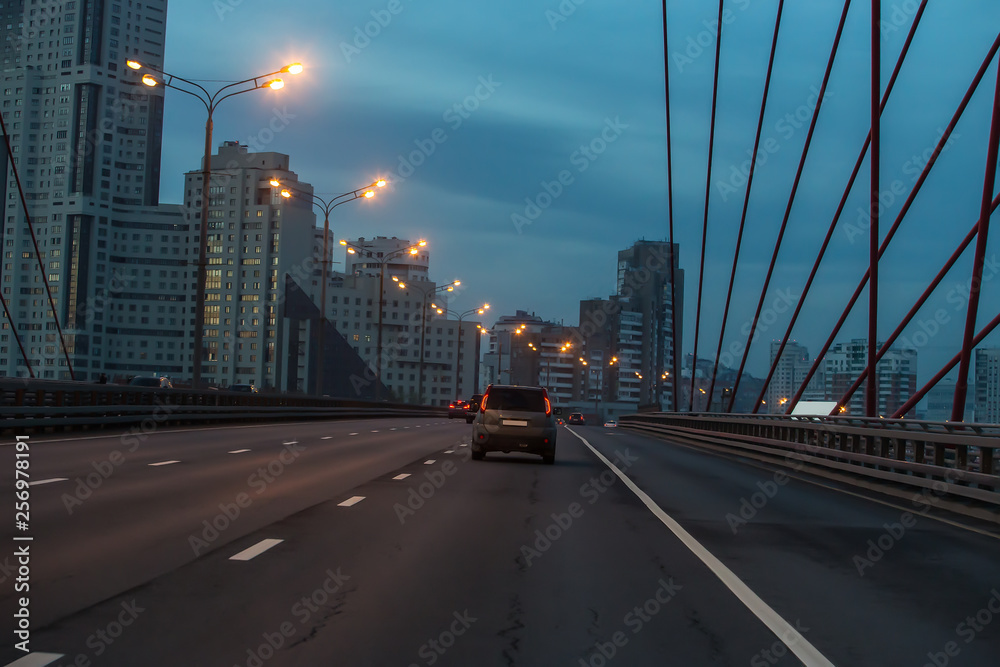 traffic on the bridge in the evening