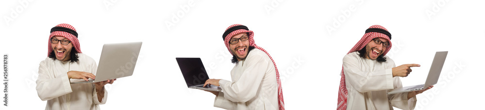 Arab man with laptop isolated on white Arab man with laptop isolated on white