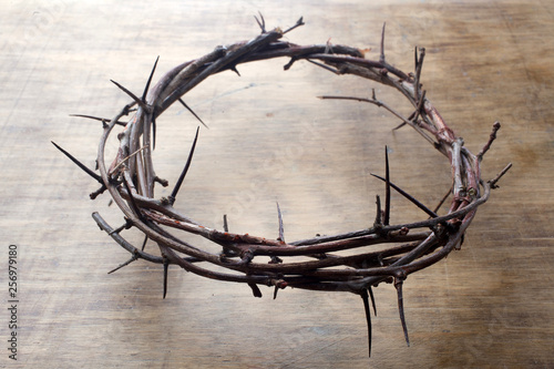 Jesus Crown Thorns on Old and Grunge Wood Background. Vintage Retro Style.