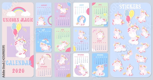 Cute Kids calendar 2020 with little unicorns. Business vector illustration.