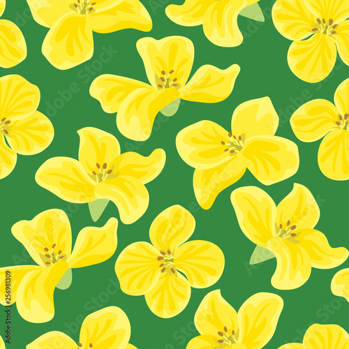 Seamless pattern with yellow flowers on green background. Vector illustration in flat style.