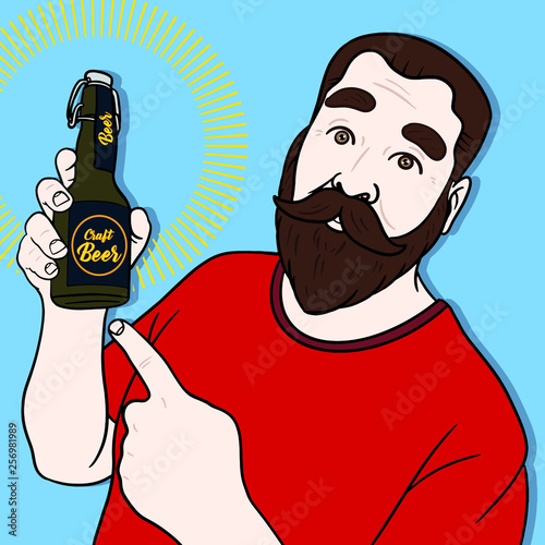 Hand-drawn vector illustration of a man with a beard holding a brown bottle of craft beer high and pointing it with his finger.