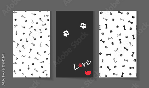 Seamless pattern set for social networks - bones and traces of paws. Fish bone and the trail of the paws of animals. Dog and fish bones. Vector seamless background illustration.