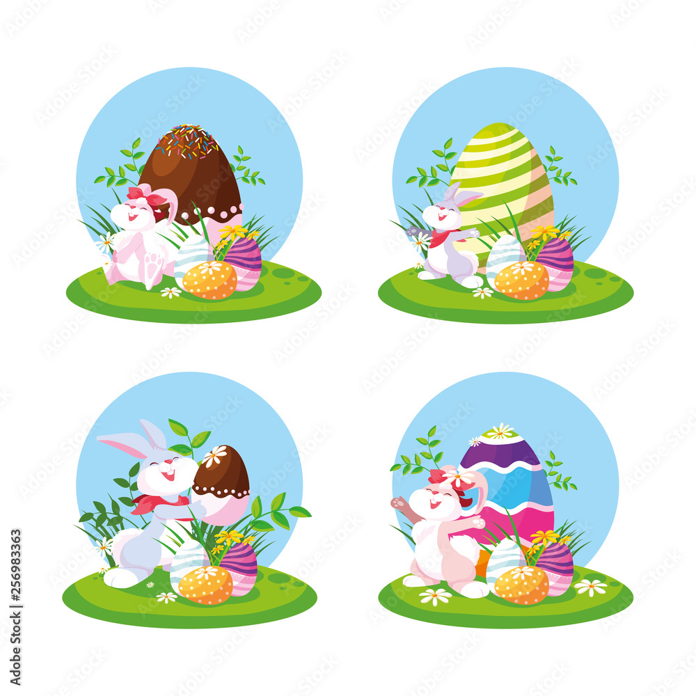 group rabbits with eggs of easter in garden