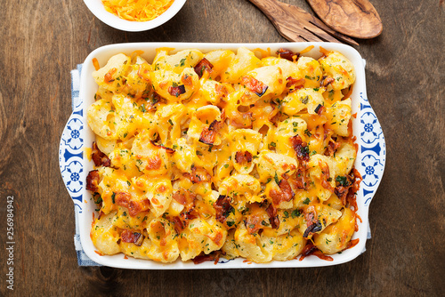 Pasta casserole with cheddar cheese and bacon.