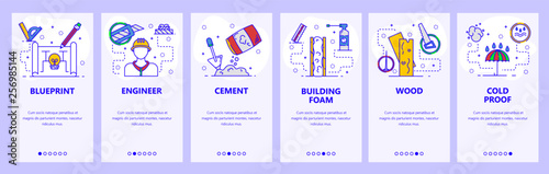 Mobile app onboarding screens. Construction industry business, engineer, tools, building plan. Menu vector banner template for website and mobile development. Web site design flat illustration
