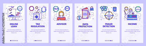 Mobile app onboarding screens. Banking and finance services, online credit scoring for loan, fraud detection. Menu vector banner template for website and mobile development. Web site flat illustration