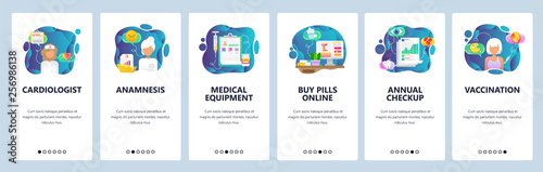 Mobile app onboarding screens. Medical equipment, doctor, drugs and hospital icons. Vaccination and annual checkup. Vector banner template for website and mobile development. Web site illustration